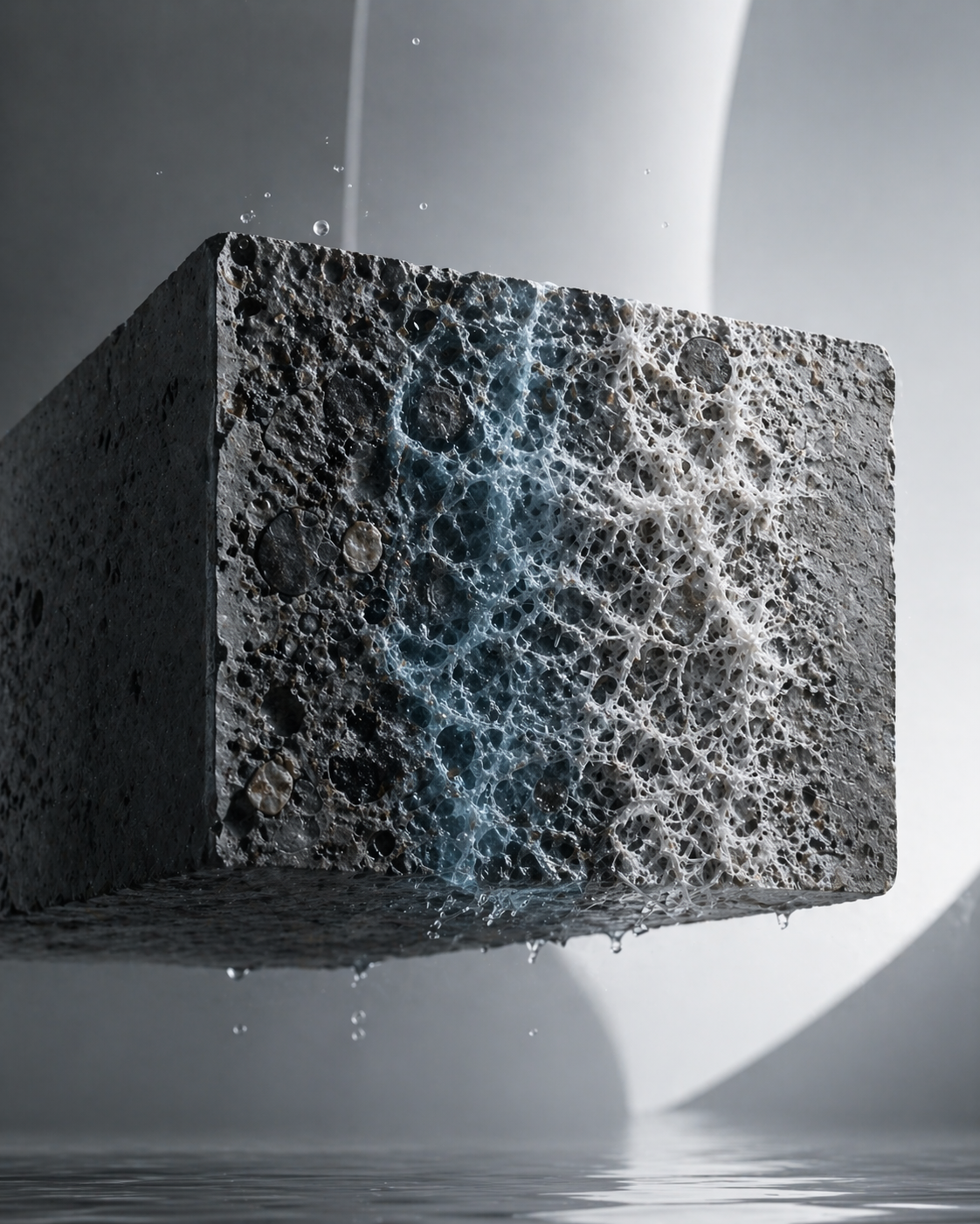 Cross-section of a porous concrete block with a teal silicate solution penetrating through the capillary network, rendered against a soft studio backdrop.
